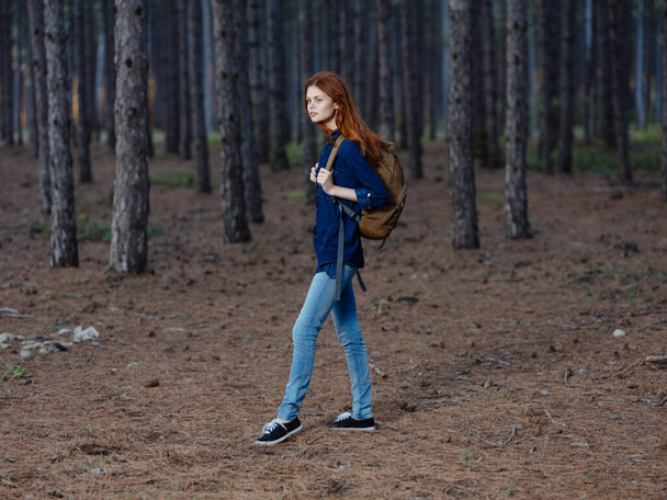 Жінка Турист в повному зростанні в сосновому лісі з рюкзаком на спині
 - Фото, зображення