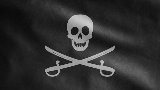 3D, fabric texture of the pirate skull with sabers flag waving in wind. Calico Jack pirate symbol for hacker and robber concept. Realistic flag of Pirates black on the wavy surface - Zdjęcie, obraz