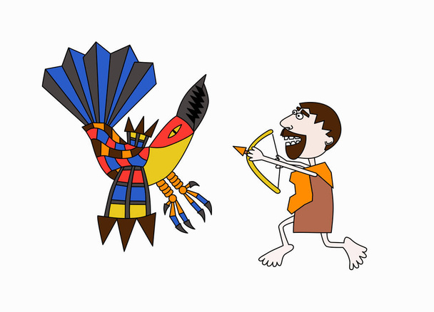 Herkül 'ün üçüncü işçisi, Stymphalian kuşlarıyla el çizimi stilinde dövüş, erkek, korkunç bir kuş vektör illüstrasyonuna ok atıyor. - Vektör, Görsel