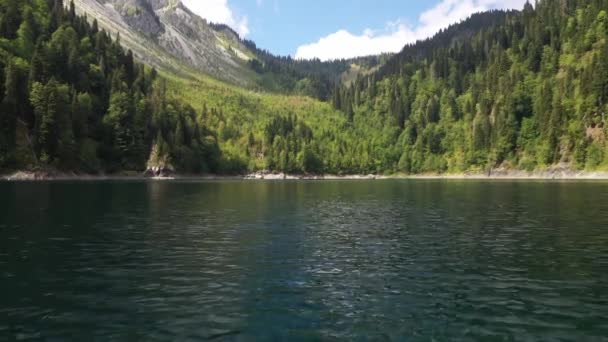 Su ve ağaç tepelerinde uçan Ritsa Gölü, Abhazya - Video, Çekim