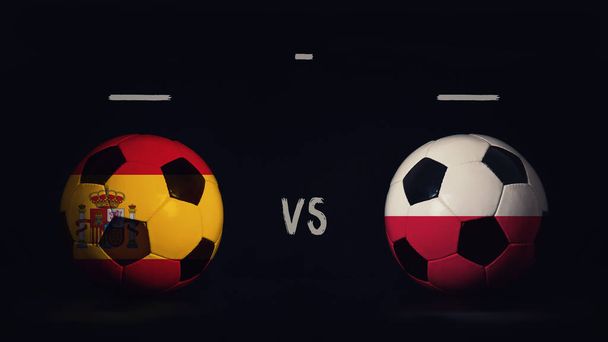 İspanya, Polonya 'ya karşı Euro 2020 futbol maçı duyurusu. Ülke bayraklı iki futbol topu, eşleşen bilgileri gösteriyor, siyah arkaplanda izole edilmiş, sayı tahtası kopyalama alanı var.. - Fotoğraf, Görsel