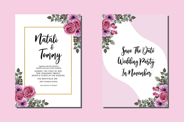 Esküvői meghívó keret készlet, virágos akvarell kézzel rajzolt Rose Virág tervezés Meghívó kártya Sablon - Vektor, kép