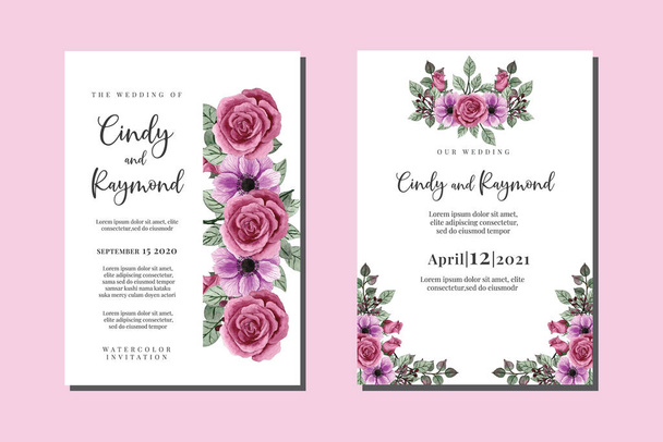 Ensemble de cadre d'invitation de mariage, aquarelle florale dessinée à la main Rose Modèle de carte d'invitation - Vecteur, image