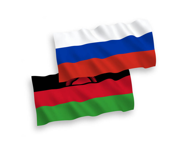 National vector fabric wave flags of Malawi and Russia isolated on white background. 1 to 2 proportion. - Vektor, obrázek