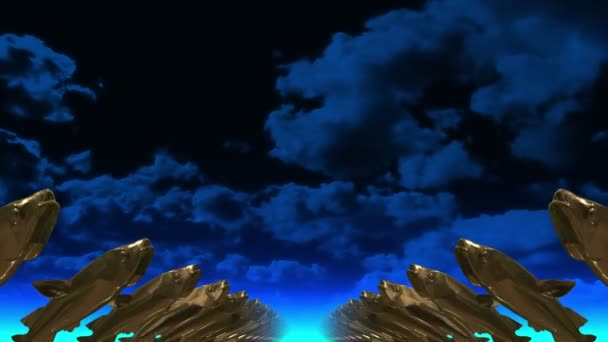 Złota ryba. 3D. Rzeźby w rzędach w perspektywie wobec błękitnego nieba. - Materiał filmowy, wideo