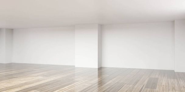 gran salón loft vacío con paredes blancas y suelo de madera 3d render illustration - Foto, imagen