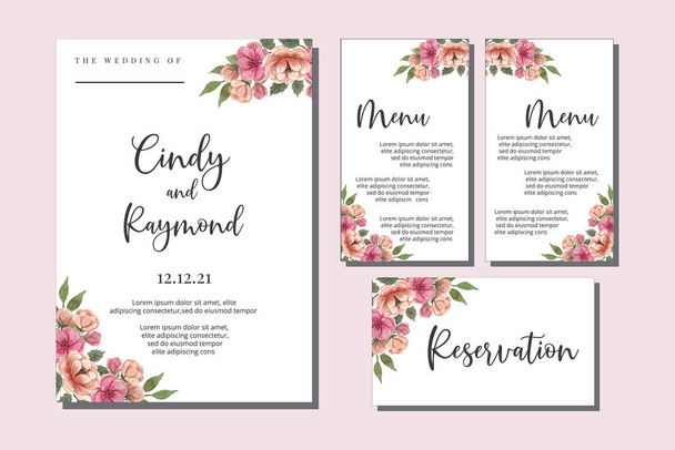Esküvői meghívó keret készlet, virágos akvarell kézzel rajzolt bazsarózsa virág design meghívó kártya sablon - Vektor, kép