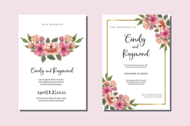 Wedding invitation frame set, floral watercolor hand drawn Peony Flower design Invitation Card Template - Vector, Image