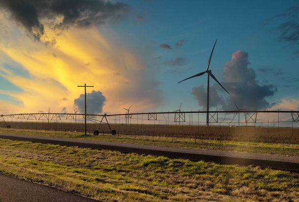 Sistema de rociadores de agua en un campo verde al atardecer con turbinas eólicas parque eólico en Texas - Foto, Imagen