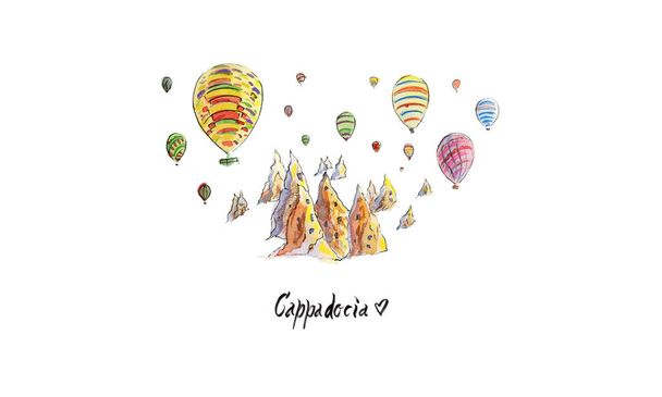 Watercolor illustration of balloons in Cappadocia, region in Turkey - Photo, Image