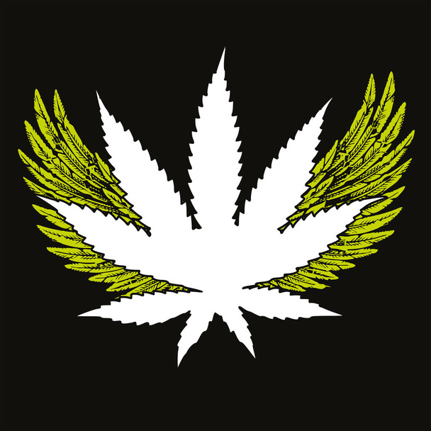 vector ilustración de una hoja de cannabis con dos alas abiertas. Diseño para carteles, pegatinas o camisetas. - Vector, imagen