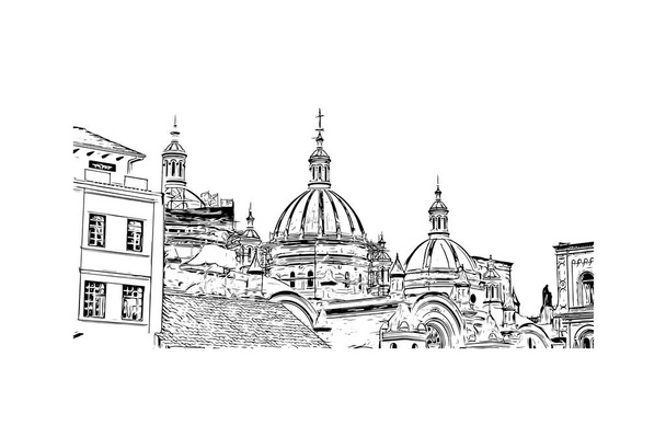 Print Building view with landmark of Cuenca is the city in Ecuador. Hand drawn sketch illustration in vector. - Vektor, kép
