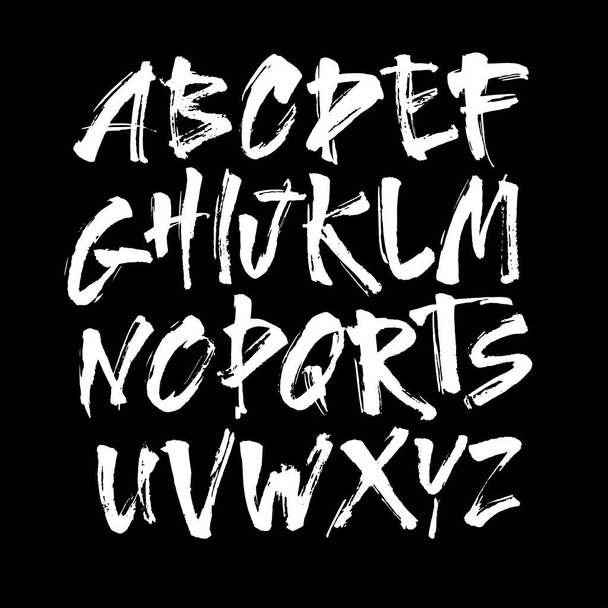 Vector Acrylic Brush Style Hand Drawn Alphabet Font. Calligraphy alphabet on a black background. Ink hand lettering. - Wektor, obraz