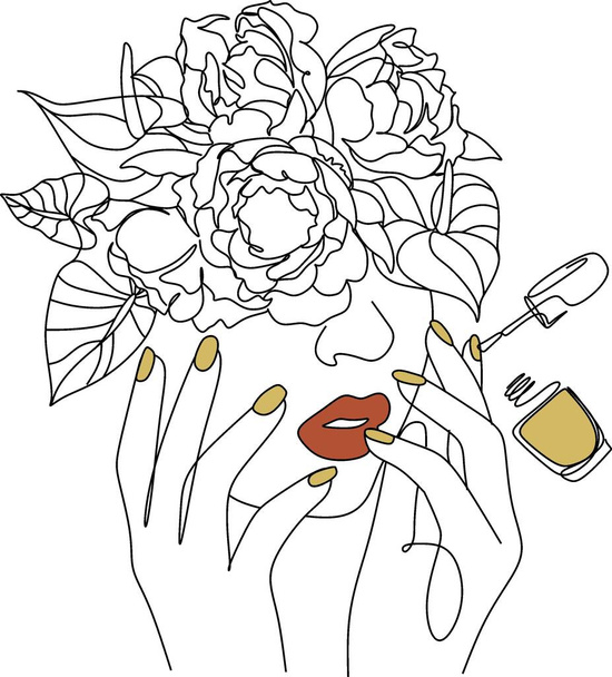 Abstract face with flowers line  drawing. Portrait minimalistic style. Modern continuous line art. Fashion print. - Vektor, Bild