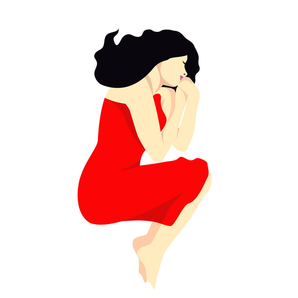 Mladá dívka nebo žena leží s nohama ohnutýma a rukama přitisknutýma k tělu v červených šatech. Ilustrace v realistickém plochém stylu. Pohled shora a zblízka. Nálada klidu a potěšení. - Vektor, obrázek