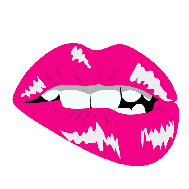Соблазнительные женские губы окрашены розовым блеском, эротический укус губы, векторное искусство клипа в плоском стиле. - Вектор,изображение