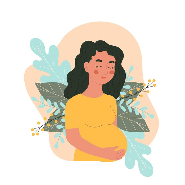 Boldog terhes nő tartja a hasát, rajzfilm egészséges anya hosszú haj tartja a kezét a hasán a baba, fiatal nő várandós, Doodle vektor illusztráció - Vektor, kép