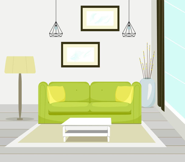 Interieur van de moderne woonkamer met slaapbank meubels, tafel, vloerlamp, groot raam, muurschildering, vector illustratie in platte stijl - Vector, afbeelding