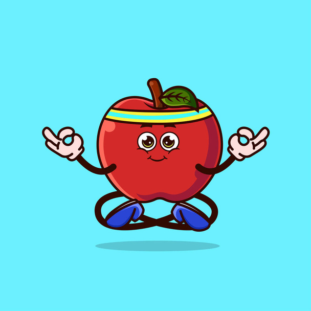 Cute Apple character Meditation. Fruit character icon concept isolated. Emoji Sticker. flat cartoon style Vector - Vector, Image