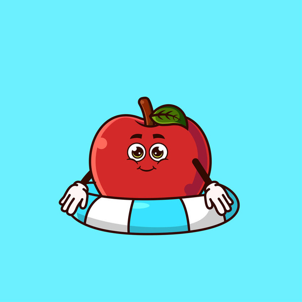 Cute Apple character with swim ring float. Fruit summer icon concept isolated. flat cartoon style Premium Vector - Vektor, kép