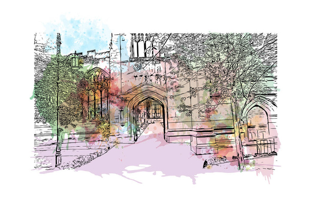 Print Building view with landmark of Coventry is the city in England. Watercolour splash with hand drawn sketch illustration in vector. - Vector, Image