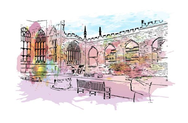 Print Building view with landmark of Coventry is the city in England. Watercolour splash with hand drawn sketch illustration in vector. - Vettoriali, immagini