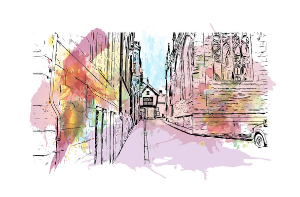 Print Building view with landmark of Coventry is the city in England. Watercolour splash with hand drawn sketch illustration in vector. - Vektor, obrázek