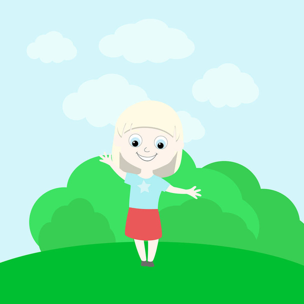 Mignon petite fille albinos heureux souriant joyeusement. Elle porte une jupe lumineuse et une chemise bleue. enfant se tient sur l'herbe verte sous le ciel bleu. Cartoon style. - Vecteur, image