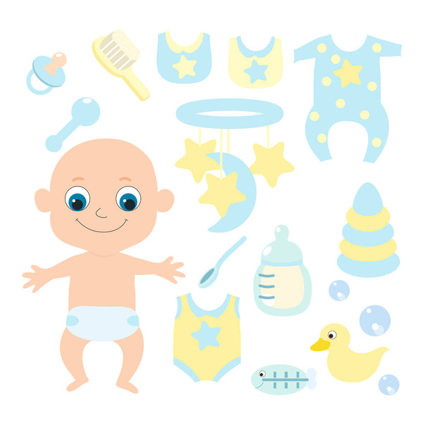 Установите маленького новорожденного или ребенка первого года жизни и детские вещи: мобильный телефон, расческу, кормящую бутылку, успокаивающую резиновую утку, костюм для тела, биб, гремучую смесь. Векторная иллюстрация в пастельных мягких синих, желтых цветах. - Вектор,изображение