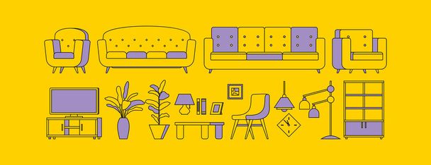 móveis casa elementos interiores definir estilo esboço no fundo amarelo vetor ilustração - Vetor, Imagem