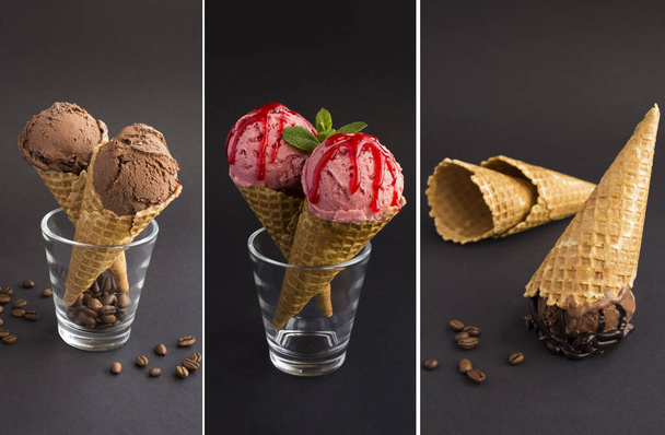 Коллаж клубничного и шоколадного мороженого в вафельном конусе на черном фоне - Фото, изображение