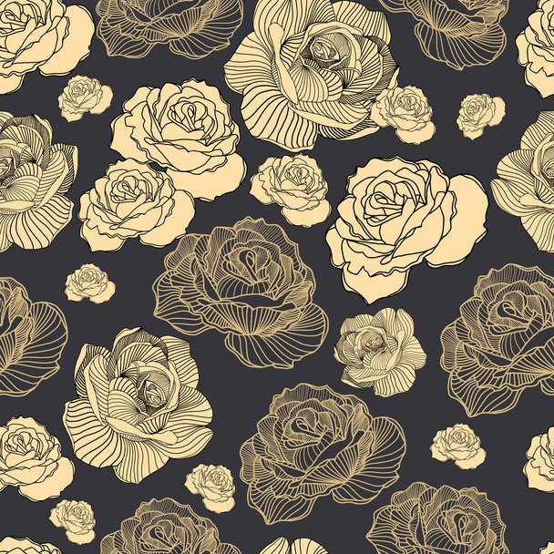 Abstract elegance seamless floral pattern. Beautiful flowers vector illustration texture with roses on dark background. Beige, khaki, brown colors. - Vektör, Görsel