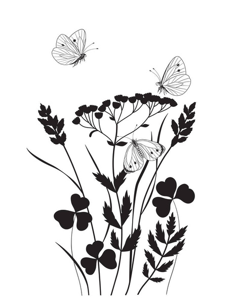 Monochrome composition with butterflies and wild flowers. Black silhouette of wildflowers, grasses, flying and sitting butterflies on white background. Vector illustration. - Vector, Image