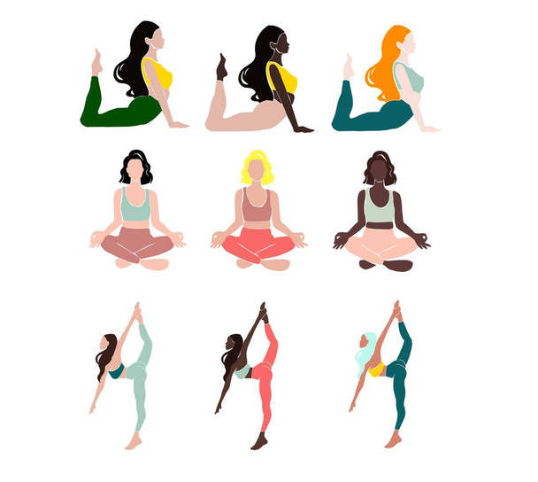 Jong meisje yoga poseren. Platte stijl illustratie. Amerikaans-Afrikaanse wonem, azia vrouwen - Foto, afbeelding