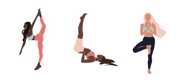 Set Junges Mädchen Yoga posiert. Flache Illustration. Afroamerikanerin  - Foto, Bild
