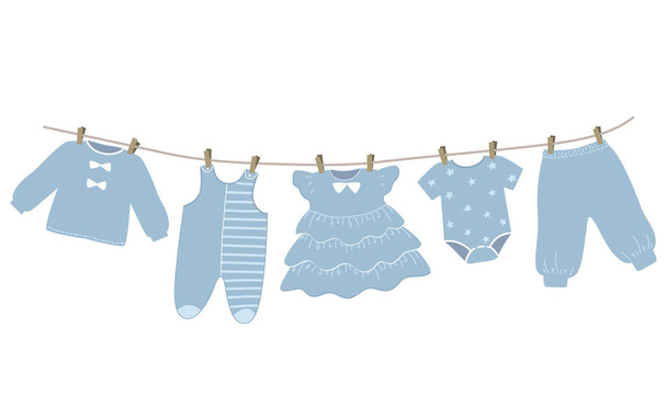 Babykleidung hängt an der Wäscheleine. Die Sachen werden nach dem Waschen auf Wäscheklammern getrocknet. Vektorabbildung in blauen Farben. - Vektor, Bild