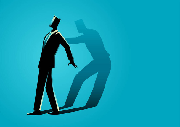 Vector illustration of a businessman being pushed by his own shadow, self motivation concept - Διάνυσμα, εικόνα
