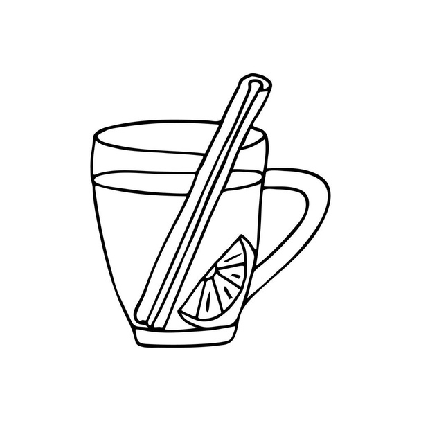 Doodle taza de té con canela y limón. Taza de té dibujada a mano con palo de canela y limón. Vaso de té con rama de canela y limón - Vector, Imagen
