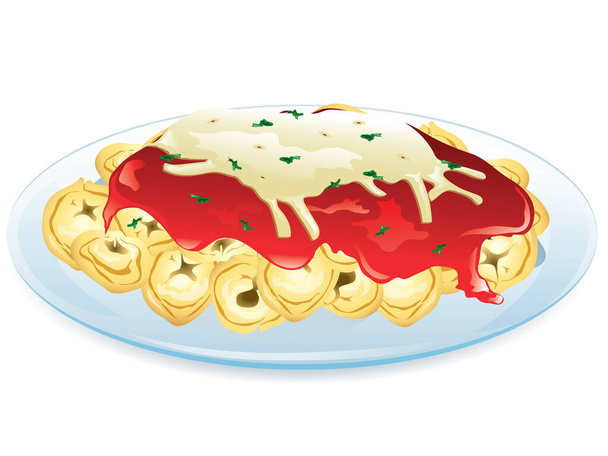 Illustrazione di tortellini al formaggio con salsa di pomodoro cremosa in cima - Vettoriali, immagini