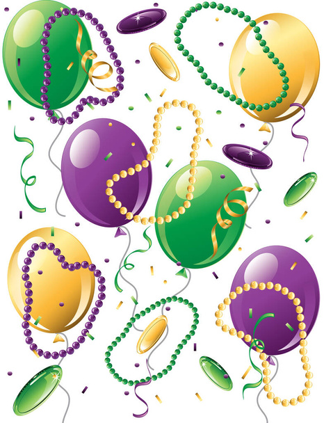 Εικονογράφηση πολύχρωμο Mardi Gras χάντρες, μπαλόνια, κομφετί και dublooms - Διάνυσμα, εικόνα