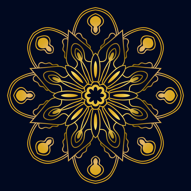 Carino il Mandala d'oro. Ornamentale fiore doodle rotondo isolato su sfondo scuro. Ornamento decorativo geometrico in stile etnico orientale. - Vettoriali, immagini