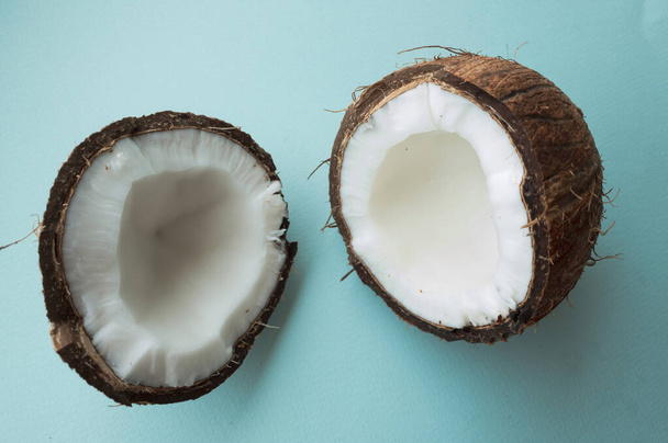 Coconut tree fruit coconut split into two halves isolated on blue background - Zdjęcie, obraz