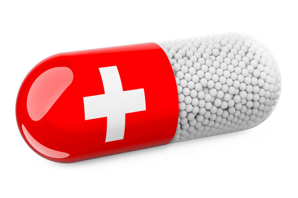 Pill capsule with Swiss flag. Healthcare in Switzerland concept. 3D rendering isolated on white background - Zdjęcie, obraz