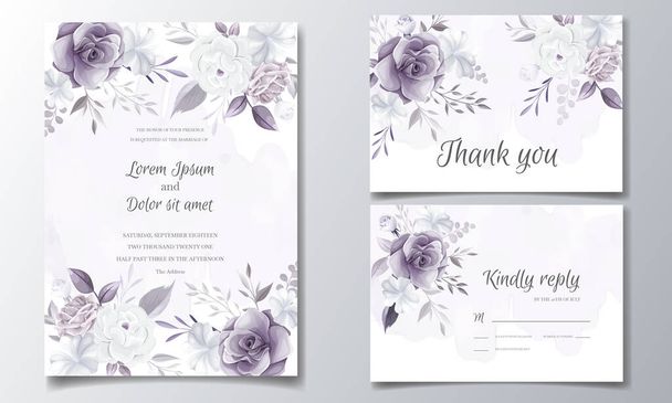 Elegant wedding invitation card with beautiful purple and white floral - Vector, Image