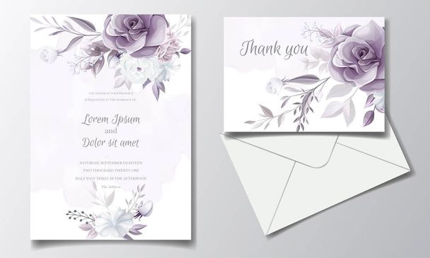 Cartão de convite de casamento elegante com belo roxo e branco floral - Vetor, Imagem