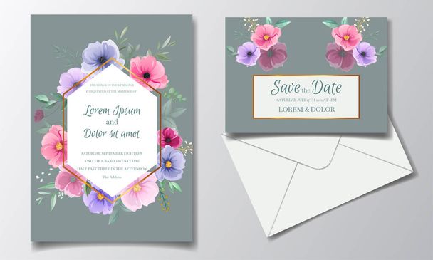 Modelo de cartão de convite de casamento romântico conjunto com rosa, flores cosmos, e folhas - Vetor, Imagem