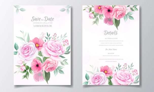 Romantico modello di biglietto d'invito di nozze con rose, fiori cosmo e foglie - Vettoriali, immagini