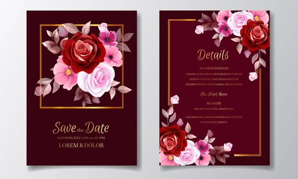 Elegant wedding invitation card template design with maroon rose flower and leaves - Vector, Image