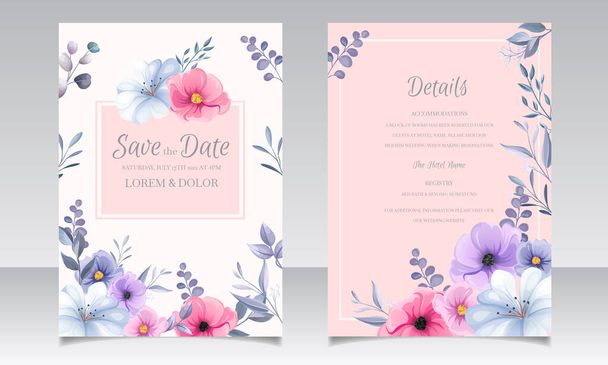 Κομψό πρότυπο προσκλητηρίου γάμου με όμορφα λουλούδια και φύλλα - Διάνυσμα, εικόνα