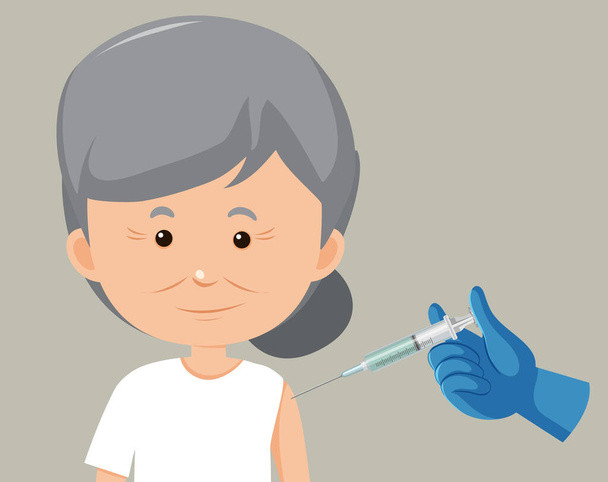 Personaje de dibujos animados de una anciana que recibe una ilustración de vacuna - Vector, Imagen